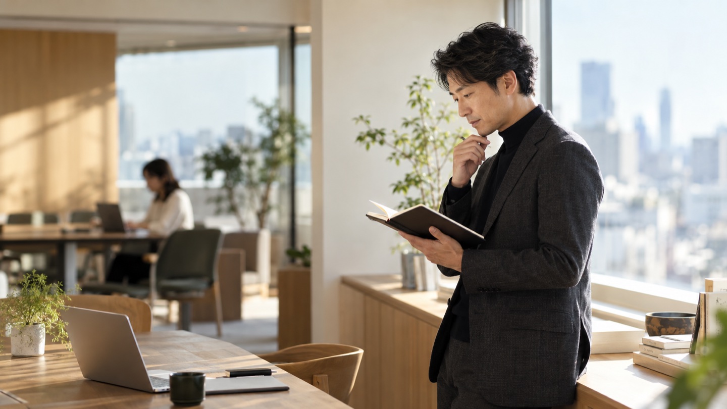自然光のオフィスで経営課題を整理するビジネスパーソン