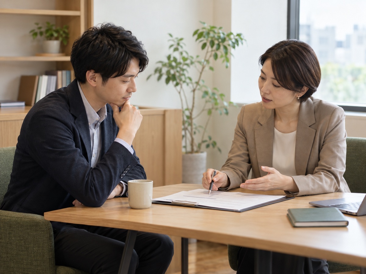 評価シートを見ながら対話する上司と部下