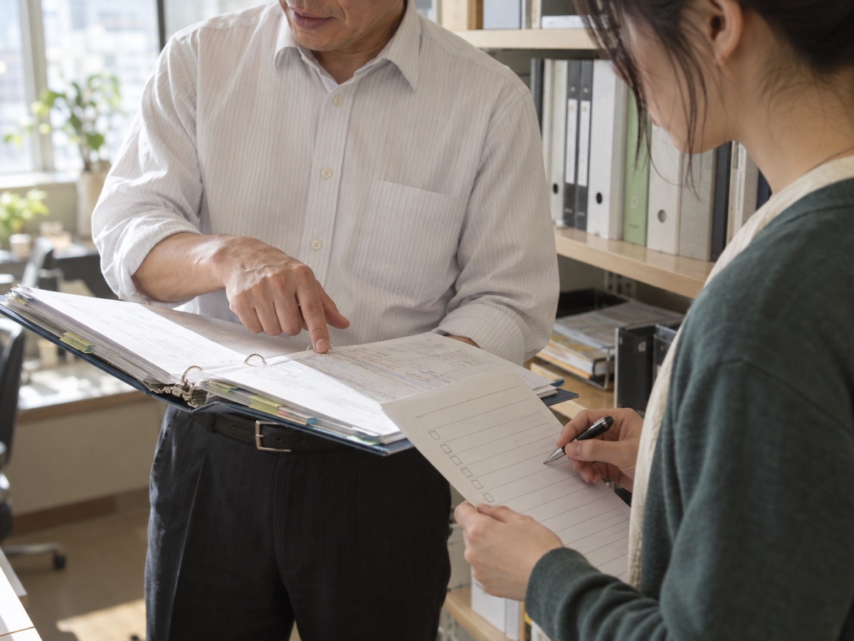 引き継ぎ資料と確認項目を一緒に確認する場面